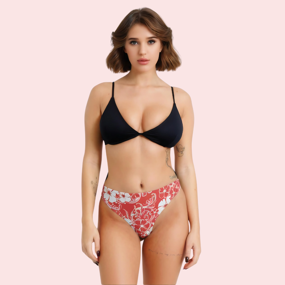 Red &amp; White Floral Print High-Cut Thong Bikini Bottom (Bottom Only)