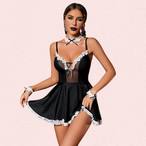 French Daina Black Lace Maid Costume with Luxury G-String Gift